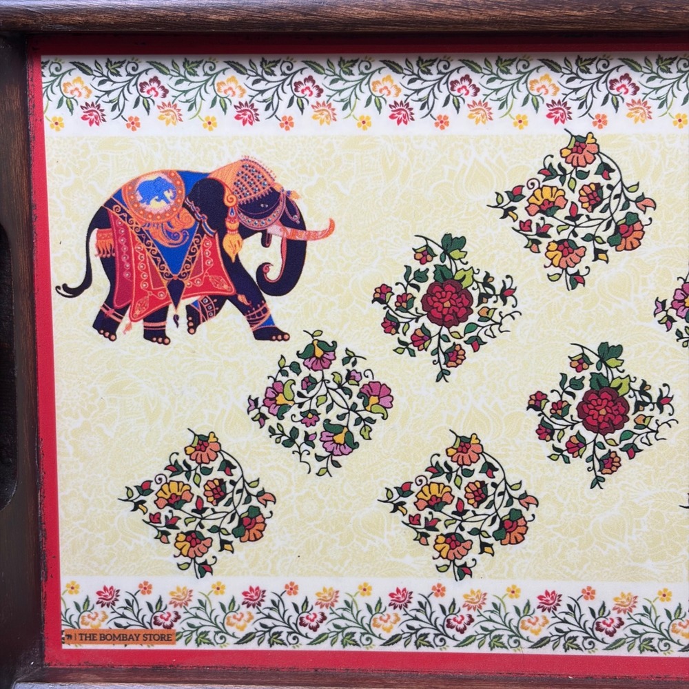 The Bombay Store Wood Serving Tray Elephant Floral Indian Folk Art 15.5x7.5in - Picture 7 of 14